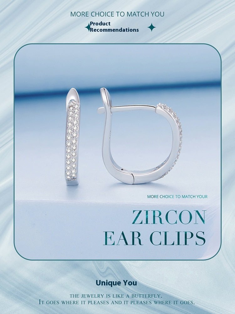 Sterling Silver S925 Simple Zircon Ear Clip White Gold Plated Smooth.