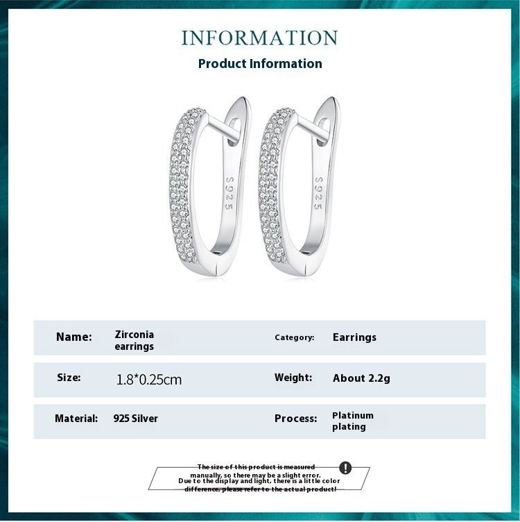 Sterling Silver S925 Simple Zircon Ear Clip White Gold Plated Smooth.