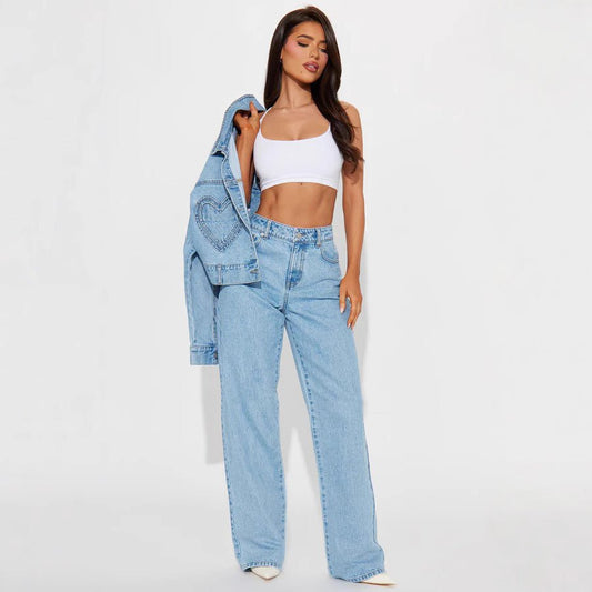 Straight Slimming Trousers Love Pocket High Waist Loose Jeans.