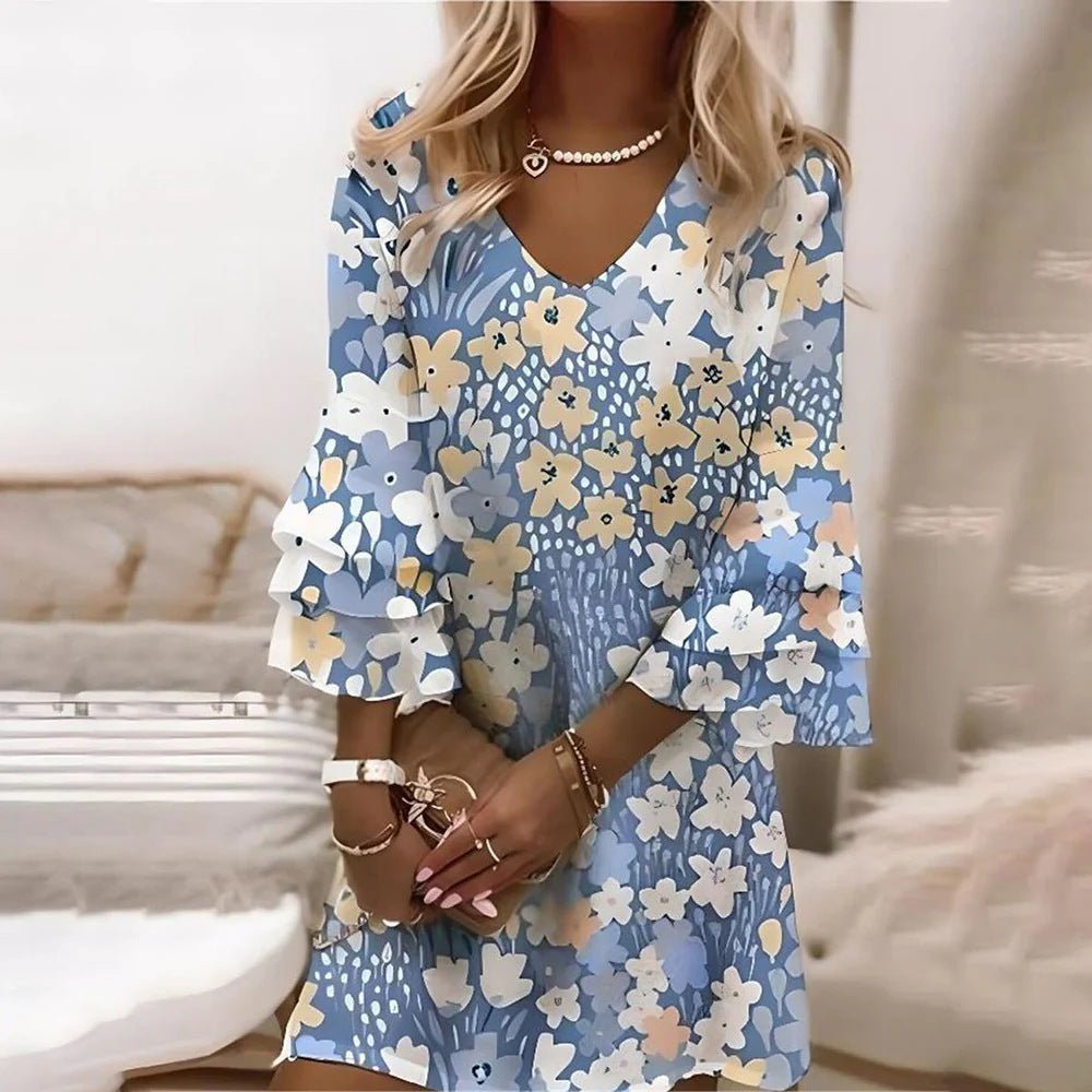 Summer Flared Sleeves V-neck 3D Digital Printing Midi Dress.
