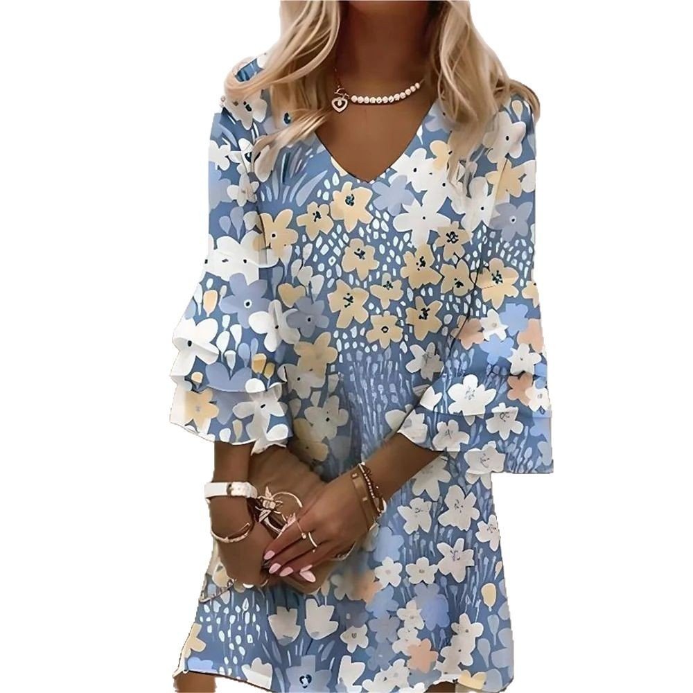 Summer Flared Sleeves V-neck 3D Digital Printing Midi Dress.