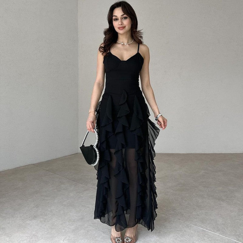 Summer New Pure Desire Style Fashion Ruffles Slim Fit Patchwork Suspender Skirt.