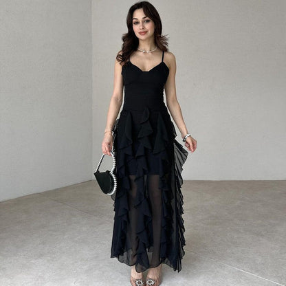 Summer New Pure Desire Style Fashion Ruffles Slim Fit Patchwork Suspender Skirt.