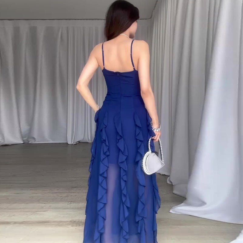 Summer New Pure Desire Style Fashion Ruffles Slim Fit Patchwork Suspender Skirt.
