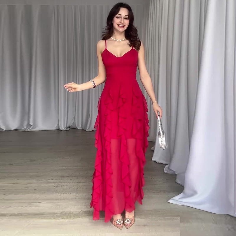 Summer New Pure Desire Style Fashion Ruffles Slim Fit Patchwork Suspender Skirt.