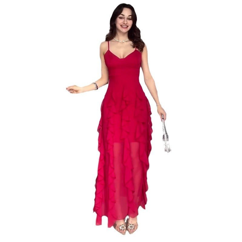 Summer New Pure Desire Style Fashion Ruffles Slim Fit Patchwork Suspender Skirt.