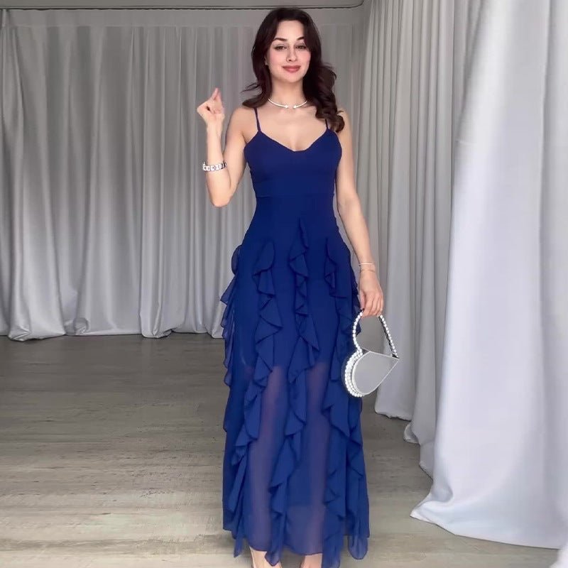 Summer New Pure Desire Style Fashion Ruffles Slim Fit Patchwork Suspender Skirt.