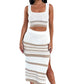 Summer New Sleeveless Vest Sexy Slit Striped Skirt Knitting Suit.