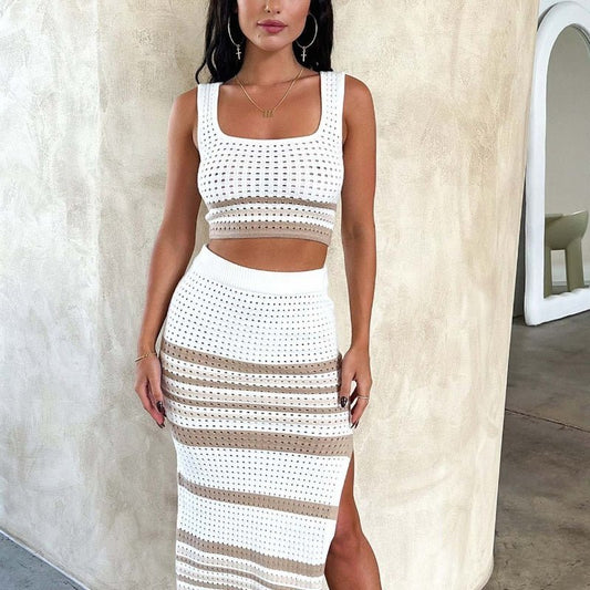 Summer New Sleeveless Vest Sexy Slit Striped Skirt Knitting Suit.