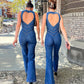 Summer Slim Heart-shape Backless Denim Jumpsuit Women Halter Neck Zip Up High Waist Panst Retro Style Clothing.