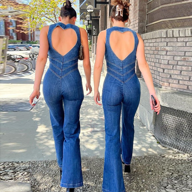 Summer Slim Heart-shape Backless Denim Jumpsuit Women Halter Neck Zip Up High Waist Panst Retro Style Clothing.