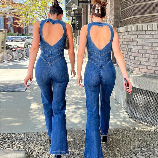 Summer Slim Heart-shape Backless Denim Jumpsuit Women Halter Neck Zip Up High Waist Panst Retro Style Clothing.