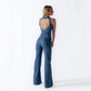 Summer Slim Heart-shape Backless Denim Jumpsuit Women Halter Neck Zip Up High Waist Panst Retro Style Clothing.