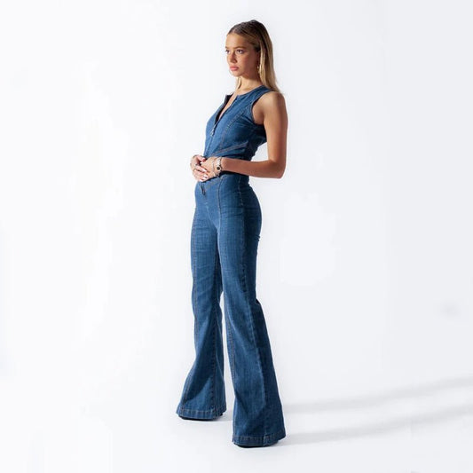 Summer Slim Heart-shape Backless Denim Jumpsuit Women Halter Neck Zip Up High Waist Panst Retro Style Clothing.