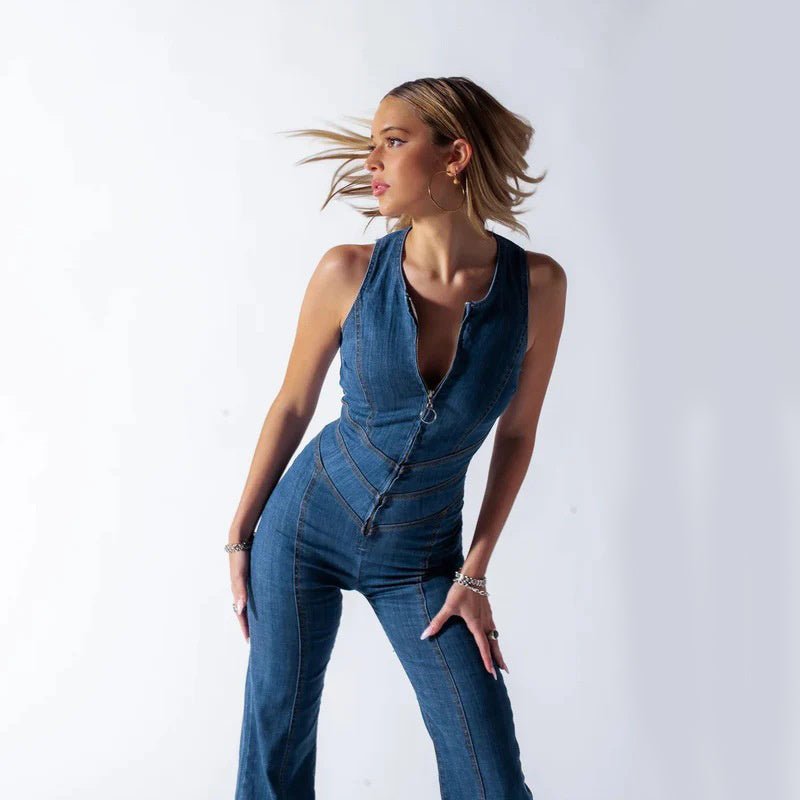 Summer Slim Heart-shape Backless Denim Jumpsuit Women Halter Neck Zip Up High Waist Panst Retro Style Clothing.