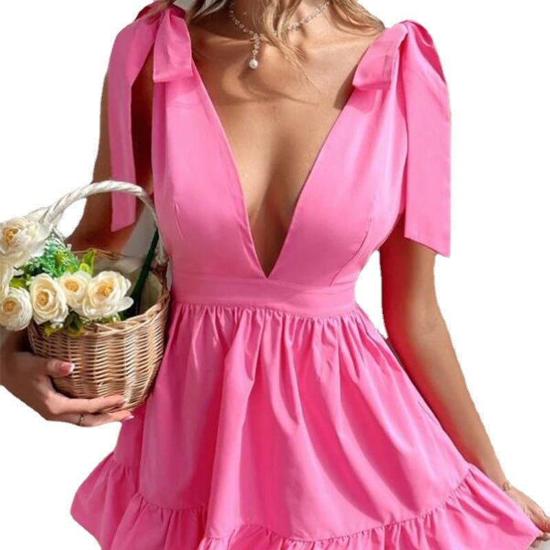 Summer V-neck Solid Color Dress.