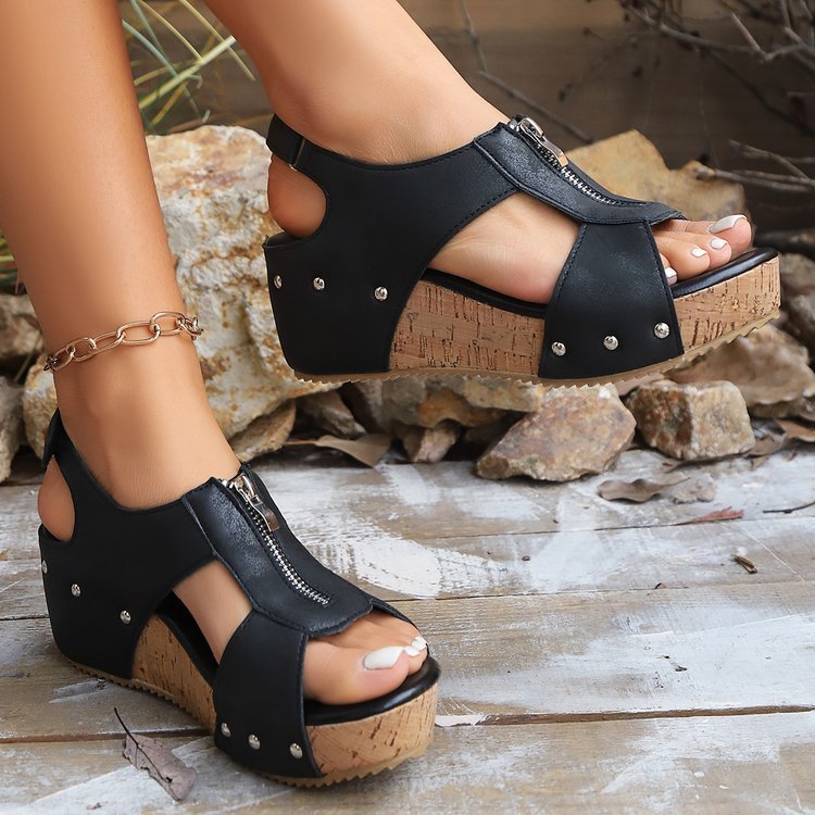 Summer Zipper Wedges Sandals Women's Lightweight Height Increasing Shoes Fashion Casual Sandals.