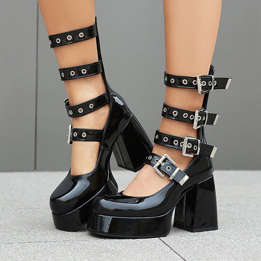 Sweet Cool Chunky Heel High Heel Leather Shoes.