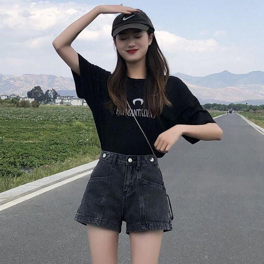Thin High Waist Korean Style Small All-matching Denim Shorts.