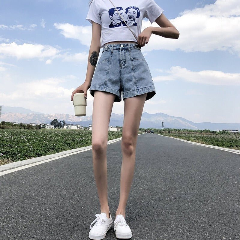 Thin High Waist Korean Style Small All-matching Denim Shorts.