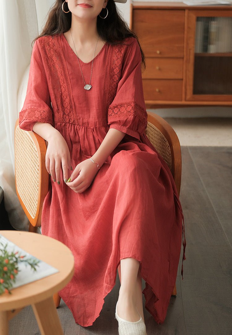Three-quarter Sleeve Artistic Style Lace-up Dress Long V-neck Comely.