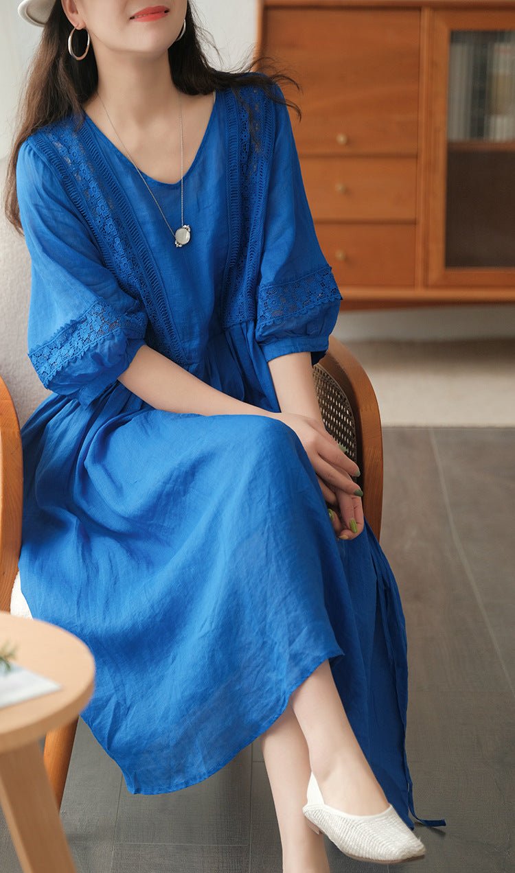 Three-quarter Sleeve Artistic Style Lace-up Dress Long V-neck Comely.