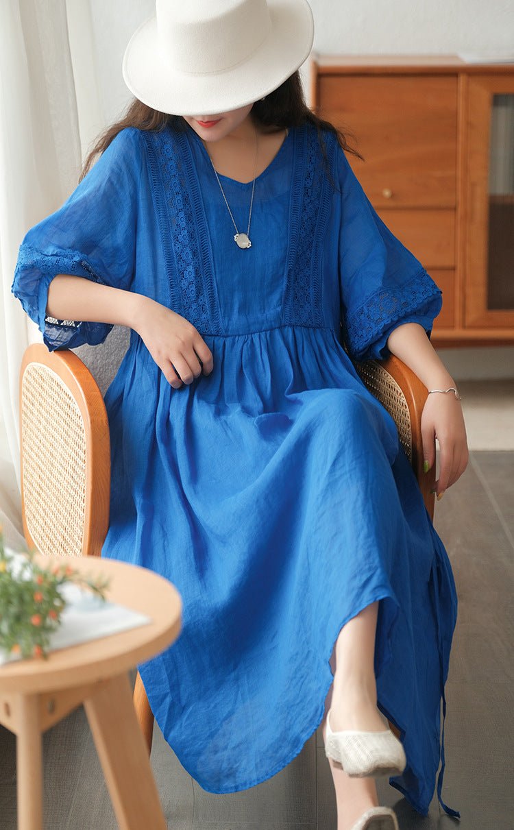Three-quarter Sleeve Artistic Style Lace-up Dress Long V-neck Comely.