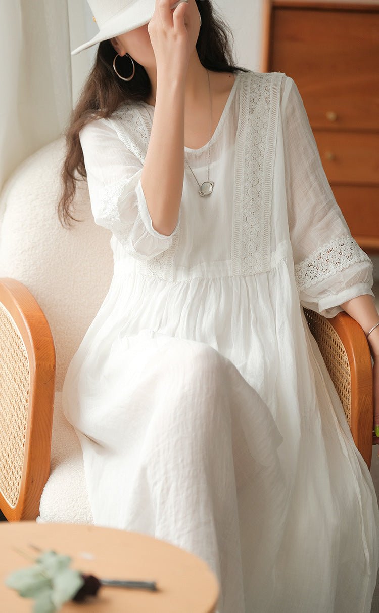 Three-quarter Sleeve Artistic Style Lace-up Dress Long V-neck Comely.