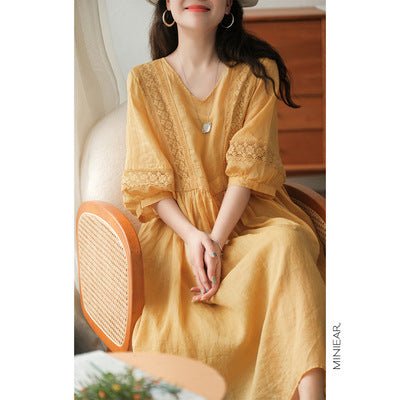 Three-quarter Sleeve Artistic Style Lace-up Dress Long V-neck Comely.