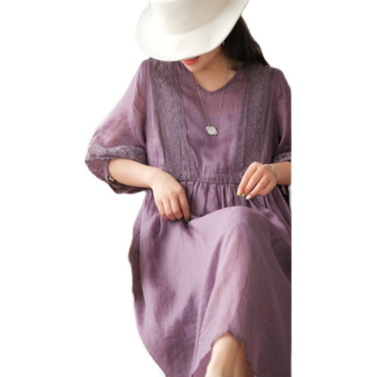 Three-quarter Sleeve Artistic Style Lace-up Dress Long V-neck Comely.