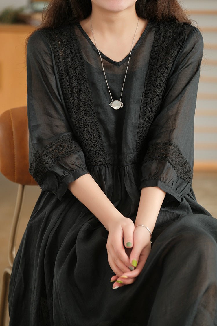 Three-quarter Sleeve Artistic Style Lace-up Dress Long V-neck Comely.