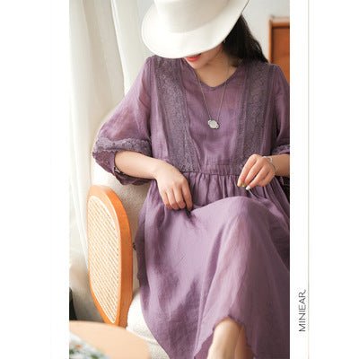 Three-quarter Sleeve Artistic Style Lace-up Dress Long V-neck Comely.