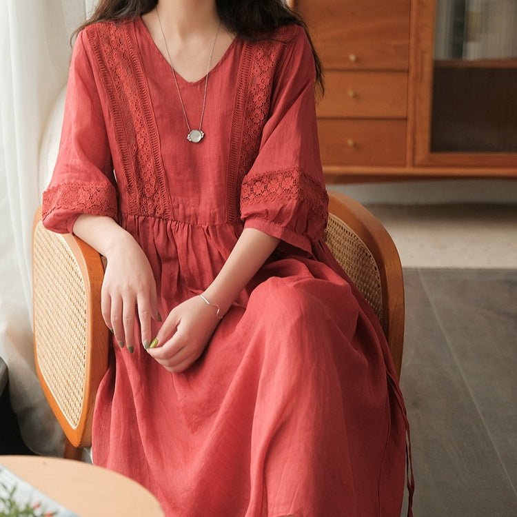 Three-quarter Sleeve Artistic Style Lace-up Dress Long V-neck Comely.