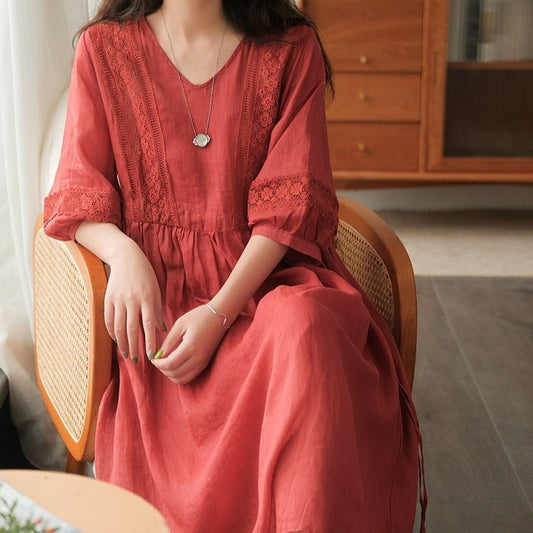 Three-quarter Sleeve Artistic Style Lace-up Dress Long V-neck Comely.