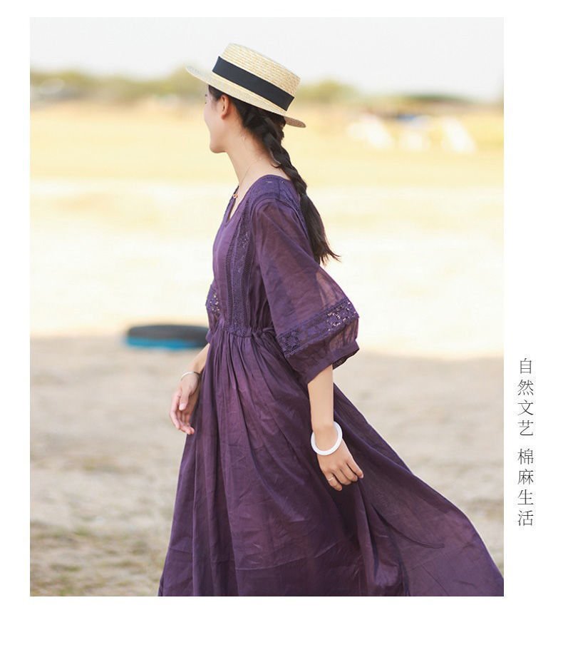 Three-quarter Sleeve Artistic Style Lace-up Dress Long V-neck Comely.