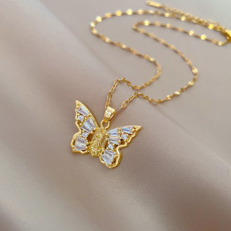 Titanium Steel Micro-inlaid Portrait Butterfly Zircon Necklace.