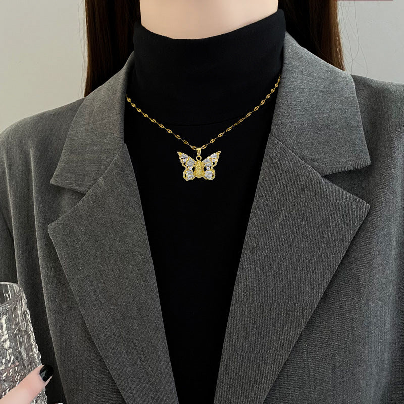 Titanium Steel Micro-inlaid Portrait Butterfly Zircon Necklace.