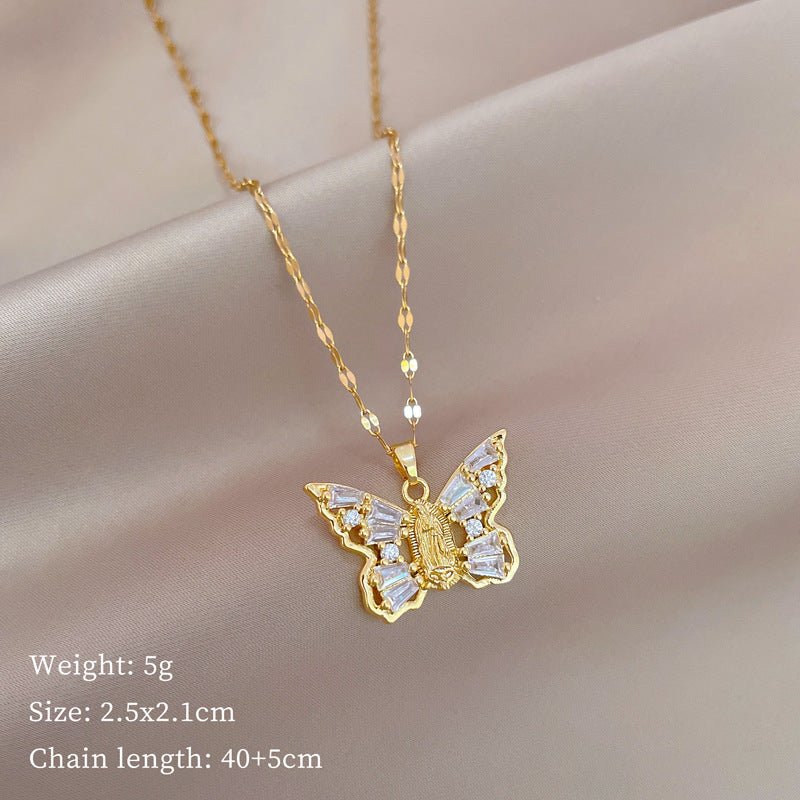 Titanium Steel Micro-inlaid Portrait Butterfly Zircon Necklace.