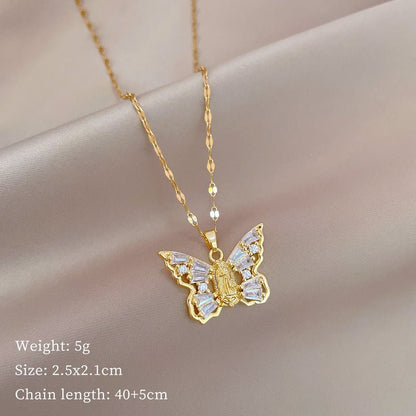 Titanium Steel Micro-inlaid Portrait Butterfly Zircon Necklace.