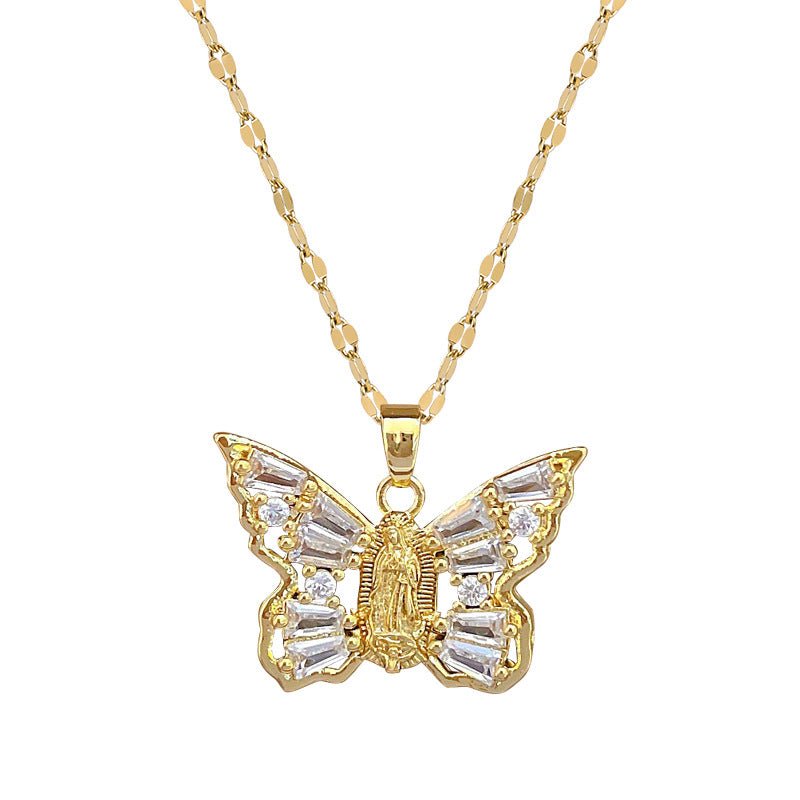 Titanium Steel Micro-inlaid Portrait Butterfly Zircon Necklace.