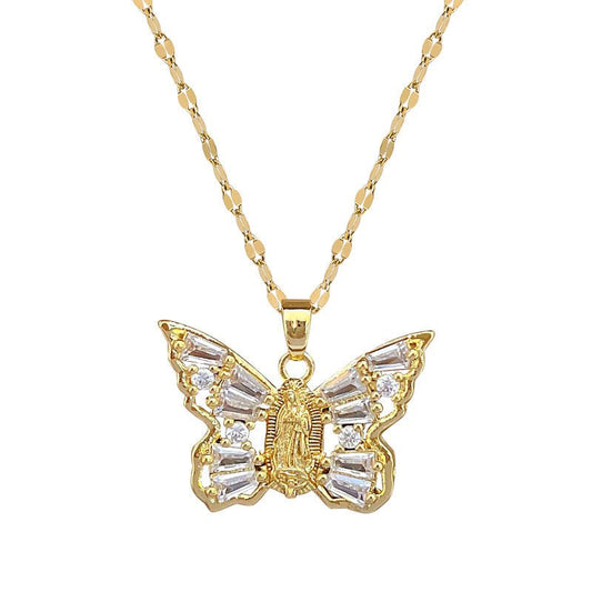Titanium Steel Micro-inlaid Portrait Butterfly Zircon Necklace.