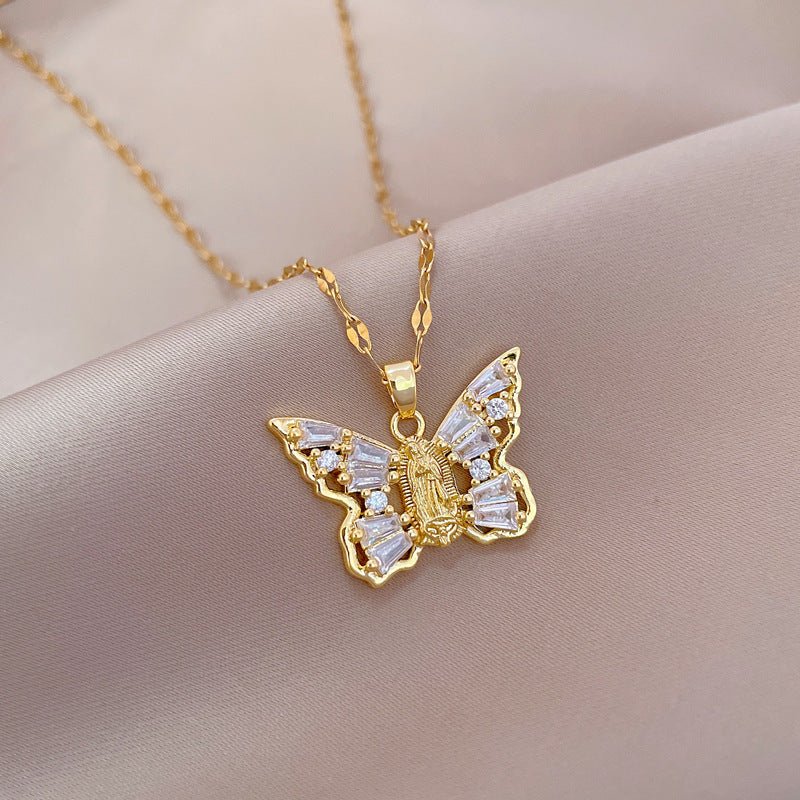 Titanium Steel Micro-inlaid Portrait Butterfly Zircon Necklace.