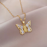 Titanium Steel Micro-inlaid Portrait Butterfly Zircon Necklace.