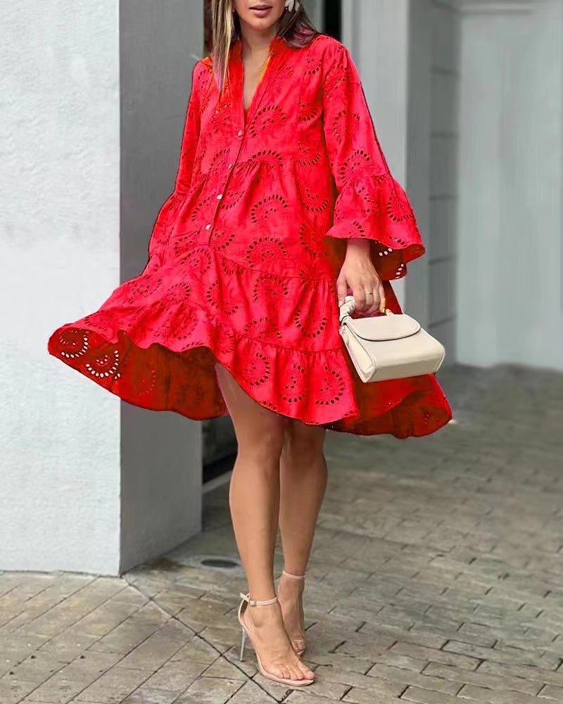 V-neck Loose Embroidered Hollow Lace Dress.