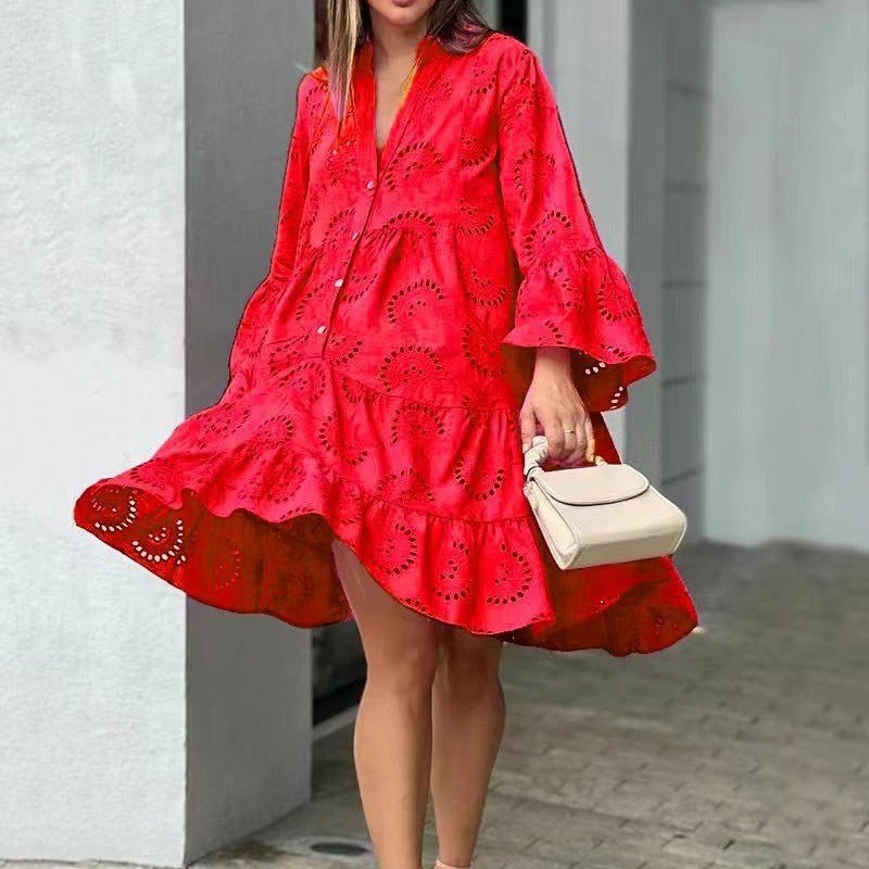 V-neck Loose Embroidered Hollow Lace Dress.