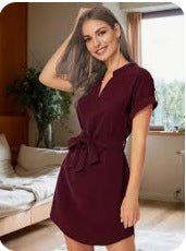 V-neck Short Sleeve Dress With Belt Summer Fashion Bowknot Dresses For Women Clothing.