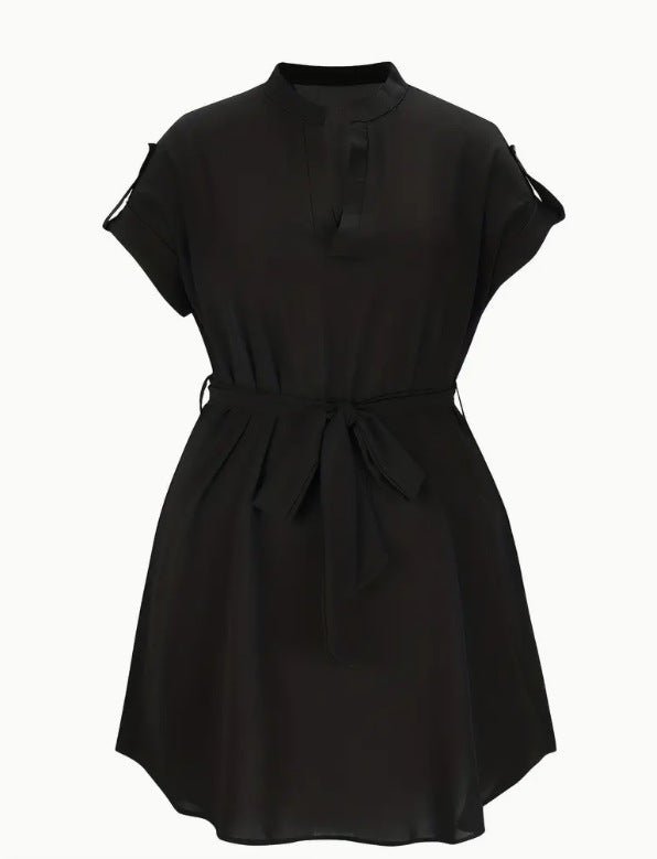 V-neck Short Sleeve Dress With Belt Summer Fashion Bowknot Dresses For Women Clothing.