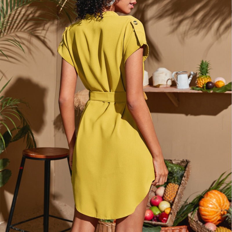 V-neck Short Sleeve Dress With Belt Summer Fashion Bowknot Dresses For Women Clothing.
