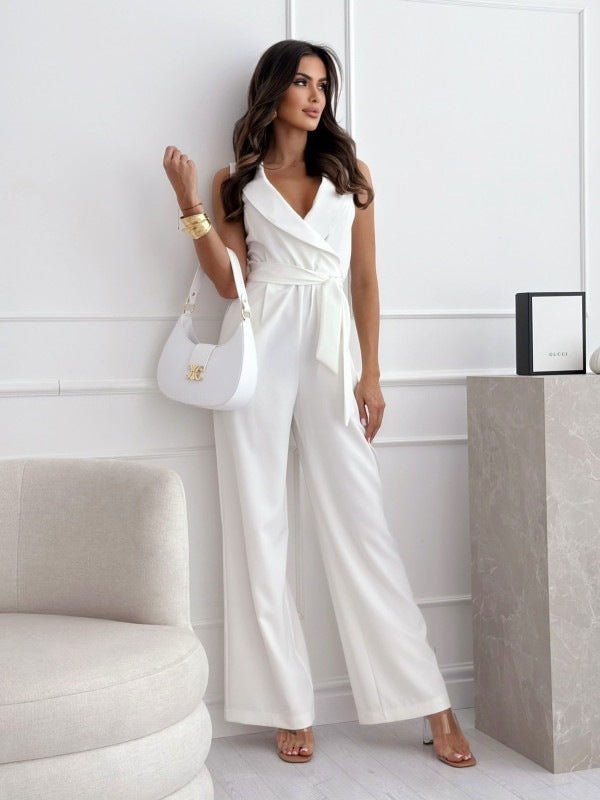 V-neck Sleeveless Jumpsuit With Belt Design Summer Fashion Trousers Women's Clothing.