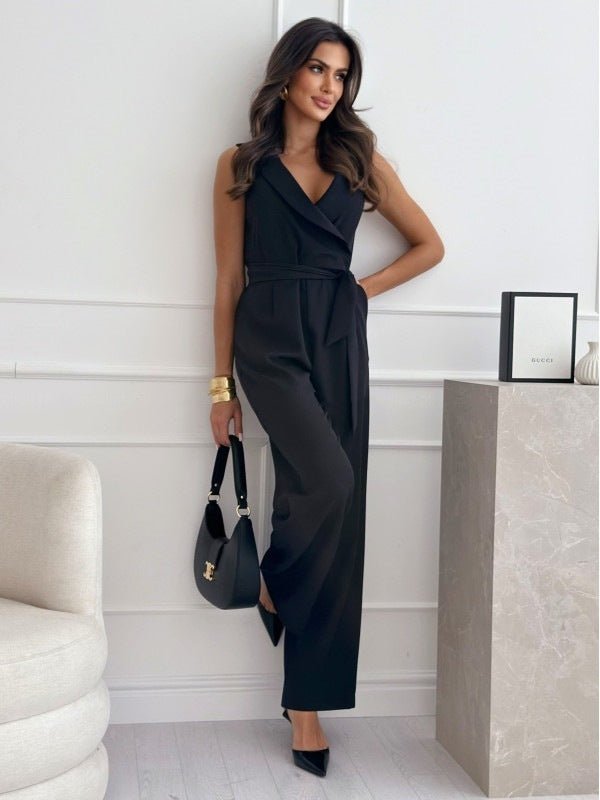 V-neck Sleeveless Jumpsuit With Belt Design Summer Fashion Trousers Women's Clothing.